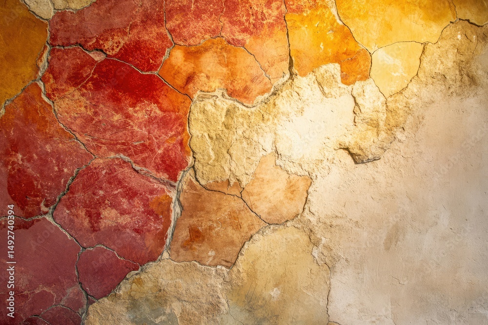 Obraz premium Ancient wall with red and yellow stone mosaic, showing age and texture.