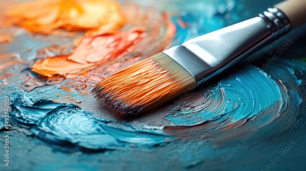 Fototapeta premium Artist s Paintbrush on Vibrant Oil Paint Palette Close Up View
