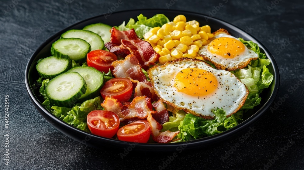 Delicious breakfast salad with fried eggs, bacon, tomatoes, cucumbers, corn, and lettuce in a black bowl. Delicious breakfast salad with fried eggs, bacon, tomatoes, cucumbers, corn, and lettuce in a black bowl.