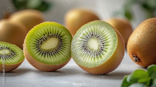 Fototapeta Naklejka Na Ścianę i Meble -  Close up shot of sliced kiwi fruits with whole kiwis in a blurred background