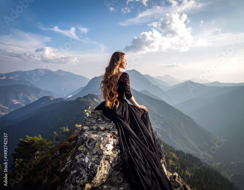 Woman with long hair sitting on top of the mountain peak
