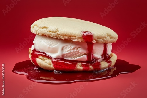 Sweet treat sandwich overflowing with dripping dessert sauce.