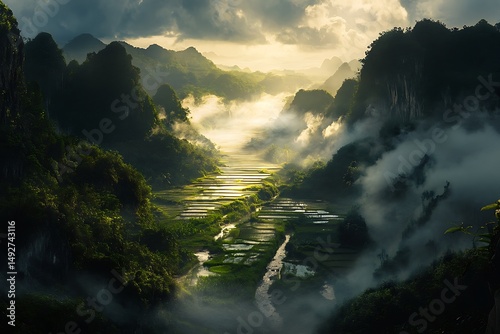 Lush Valley of Rice Paddies Reflecting Sunlight and Mountains