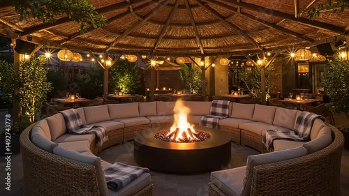 Outdoor seating area around fire pit under thatched roof.
