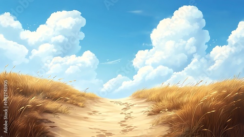 Sunny pathway through golden grass