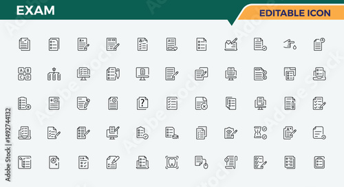 Exam icon. Test modern icon set. Outline icons in linear style. Contains related to study, question, assessment, test, result and more. Editable vector art and illustration.