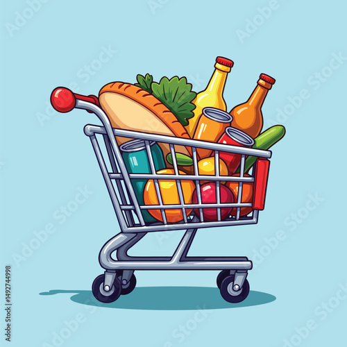 Grocery shopping cart filled with food items vector illustration for online supermarket promotion and delivery