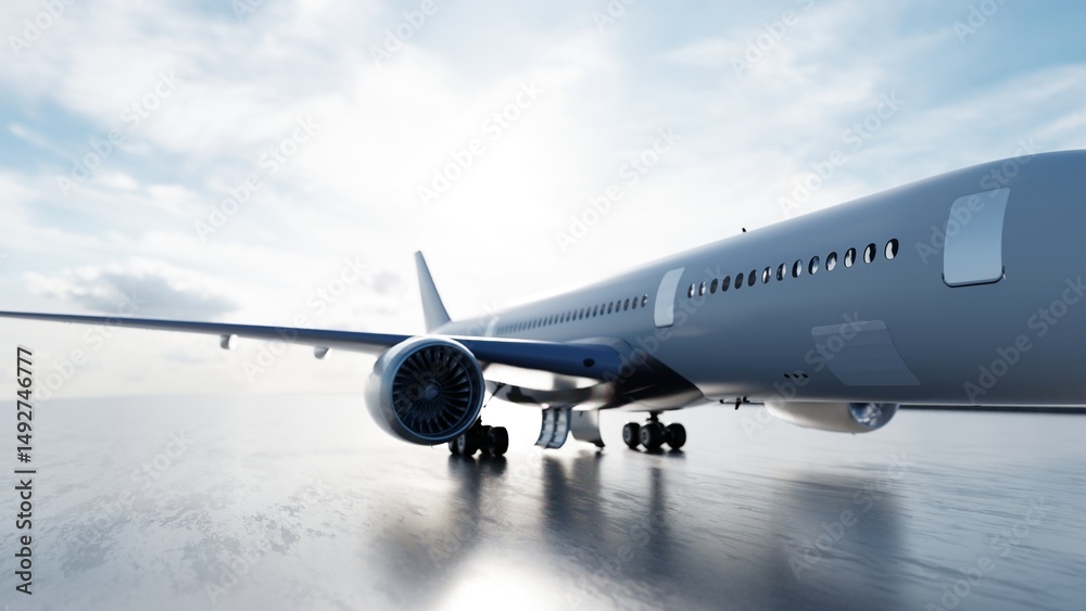 Sleek passenger airplane taxiing on the runway under a cloudy sky, preparing for takeoff and symbolizing air travel and modern transportation Sleek passenger airplane taxiing on the runway under a cloudy sky, preparing for takeoff and symbolizing air travel and modern transportation
