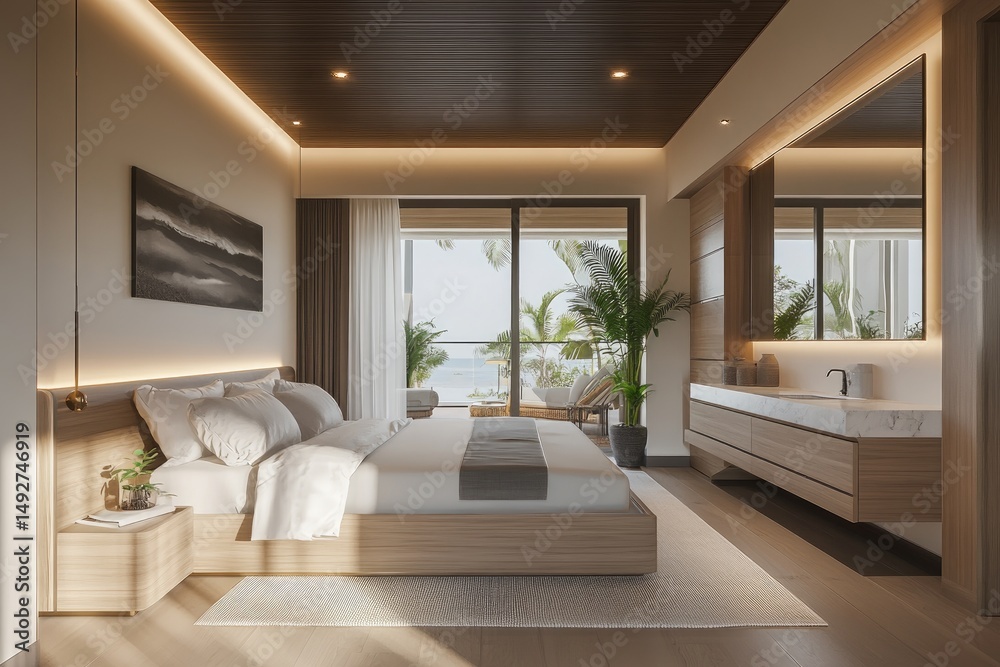Fototapeta premium A serene and modern bedroom featuring a low wooden platform bed with soft bedding. large windows showcasing lush greenery outside. and stylish indoor plants. creating a peaceful atmosphere