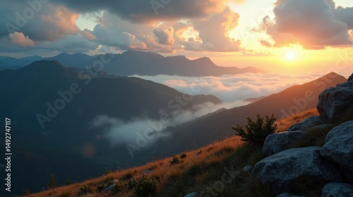 Aerial view of Sierra de Castril at dawn with cloudy skies, revealing the dramatic cliffs and natural surroundings.