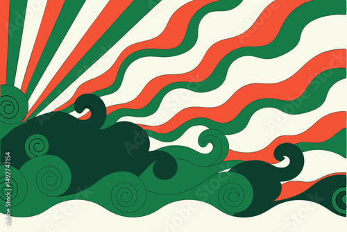Vibrant Waves of Color: A captivating retro design features stylized waves and sunburst elements, forming a dynamic and eye-catching visual statement. 