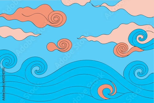 Stylized Seascape: A captivating, artistic rendition of the ocean, featuring swirling waves and stylized clouds in a vibrant, eye-catching palette.
