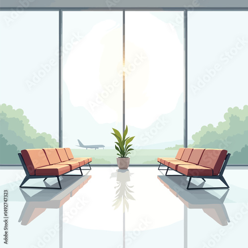 Airport lounge seating area with plant and airplane view waiting for flight travel vacation trip