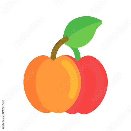 Two stylized peaches with leaf on a black background