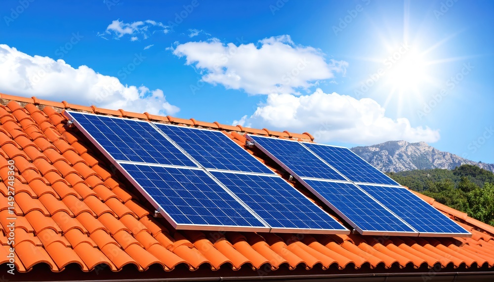 Solar Panels on a Sunny Red Tile Roof: A Vibrant Energy Scene Solar Panels on a Sunny Red Tile Roof: A Vibrant Energy Scene