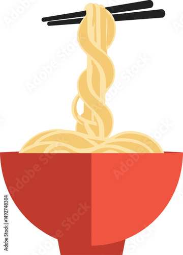 Delicious noodles in red bowl with chopsticks asian cuisine food photography and recipe ideas for lunch or dinner