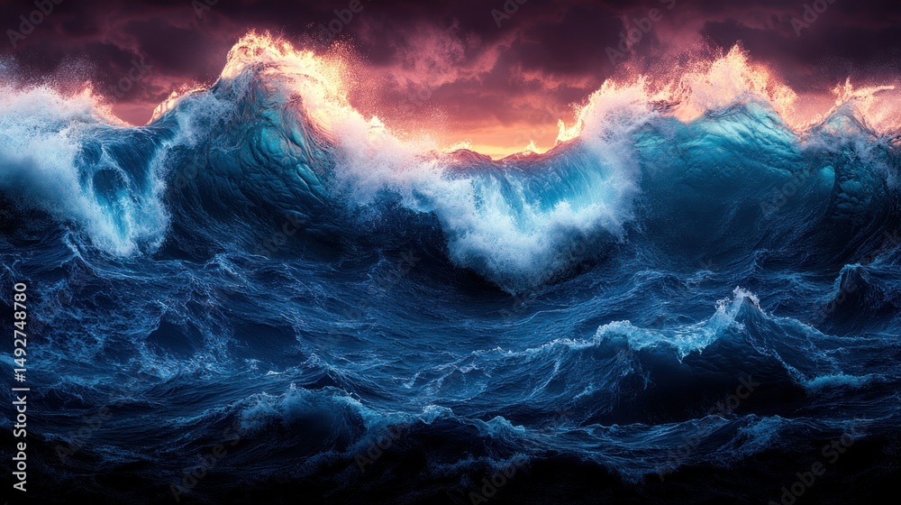 Fototapeta premium Powerful ocean waves crashing during dramatic sunset
