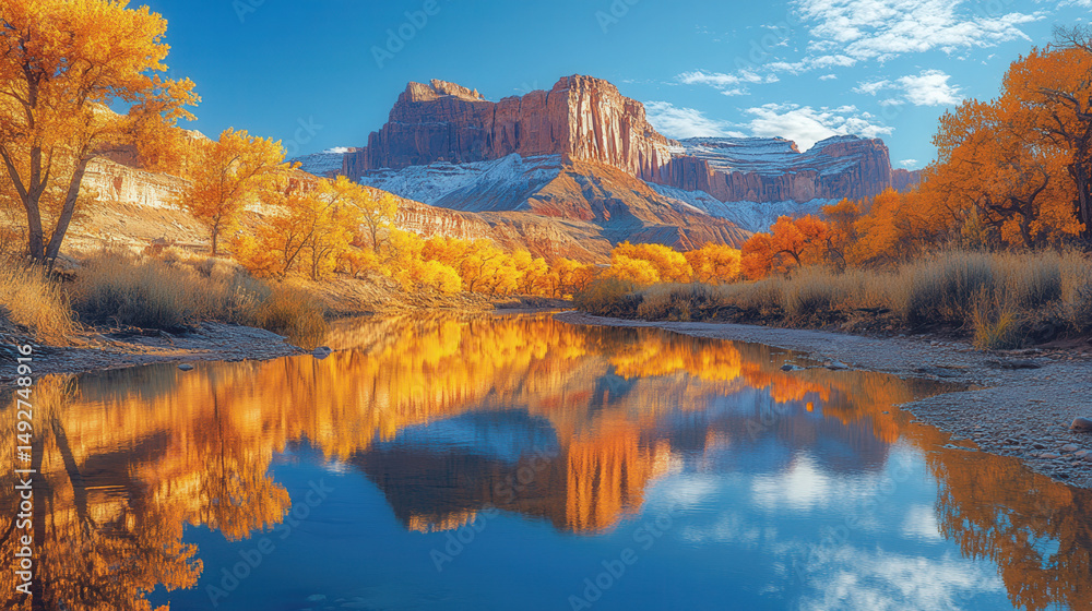 Fototapeta premium mesa with reflection in still water at sunrise