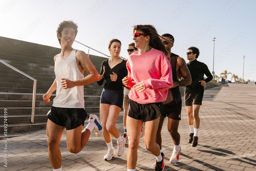 Fototapeta premium A group of diverse young athletes jogs outdoors in a sunny city, wearing sportswear and athletic shoes. The group runs on the paved sidewalk near the stairs.