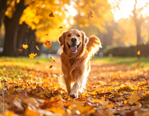 golden retriever running in autumn park photo