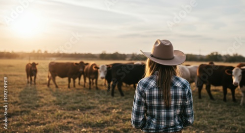 A cowgirl in a hat watches her herd of cattle grazing in a beautiful field at sunset.