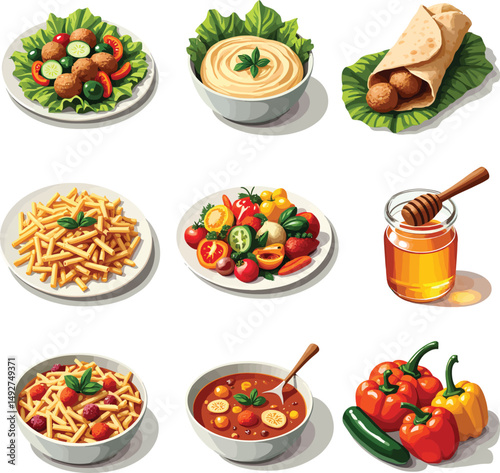 Delicious mediterranean food dishes vector illustration set including falafel hummus and pasta meals design