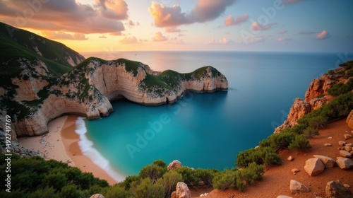 Professional photo of Aiguablava Cove in Spain at dawn, with cloudy weather, captured from a panoramic perspective.