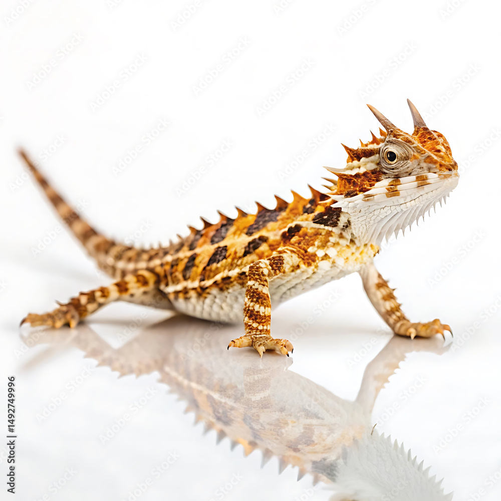 Naklejka premium Close-up of a vibrant horned lizard, showcasing intricate details and striking colors against a clean white background.