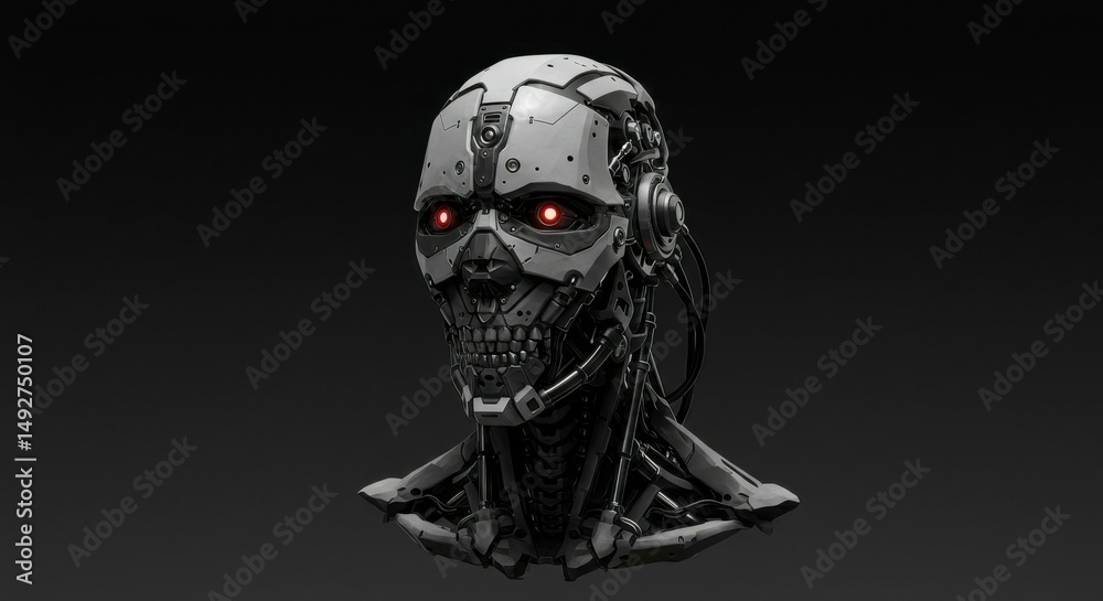 A robotic skull head, detailed mechanical design with glowing red eyes, set against a dark background A robotic skull head, detailed mechanical design with glowing red eyes, set against a dark background