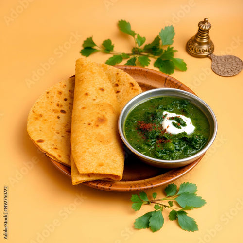 A dish of saag with creamy spinach curry, served with makki ki roti and white butter 3 A dish of saag with creamy spinach curry, served with makki ki roti and white butter 3 photo