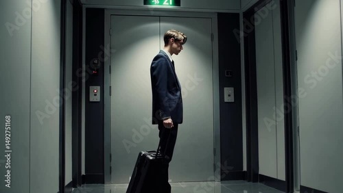 Wallpaper Mural Young businessman standing in front of elevator with suitcase, deep in thought, alone in corporate hallway Torontodigital.ca