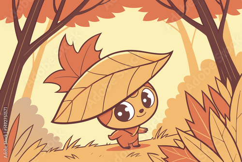 200 cute and adorable autumnal leaf creature, large leaf hat, detailed facial features, big eyes, adorable expression, colorful fall foliage backdrop, intricate details, fantasy, 8k, photorealistic, h