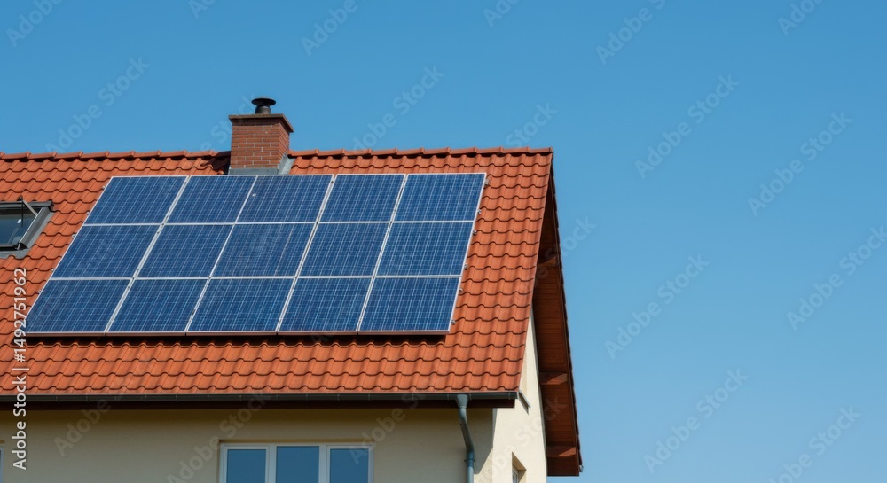 Fototapeta premium A residential building with solar panels on the roof, set against a clear blue sky on a sunny day.