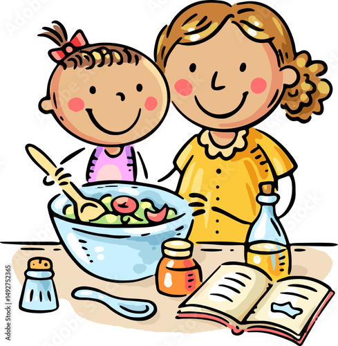Mother and daughter cooking on kitchen. Cartoon family activities clipart. Parent actively spends time with child