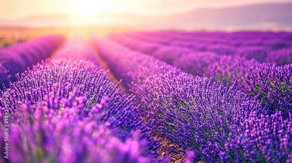 Obraz premium Sunlit rows of vibrant purple lavender flowers stretch towards a hazy horizon at sunset