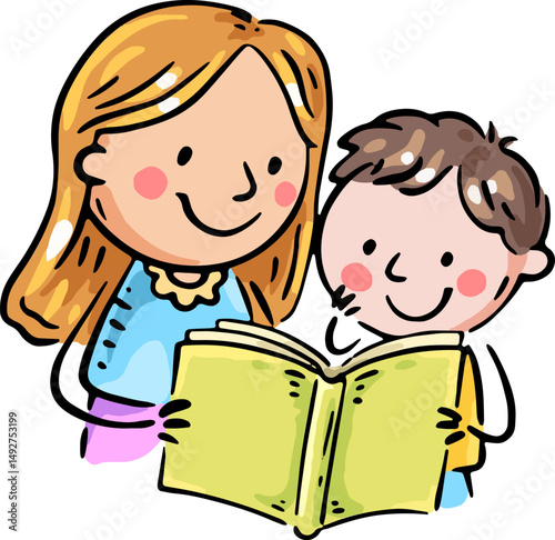 Mother reading a book to his son. Happy cartoon family clipart. Mother spend time with child