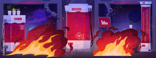 Space biology laboratory flaming vector flat illustration, equipment destruction in fire, reservoirs with plans burning