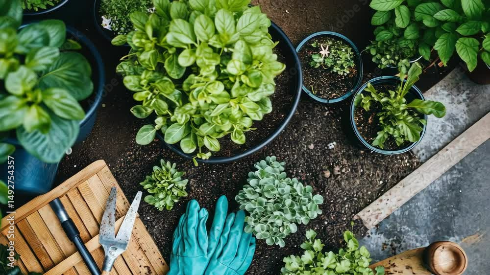 Overhead view of potted herbs with gardening tools and blue gloves arranged on soil backdrop.