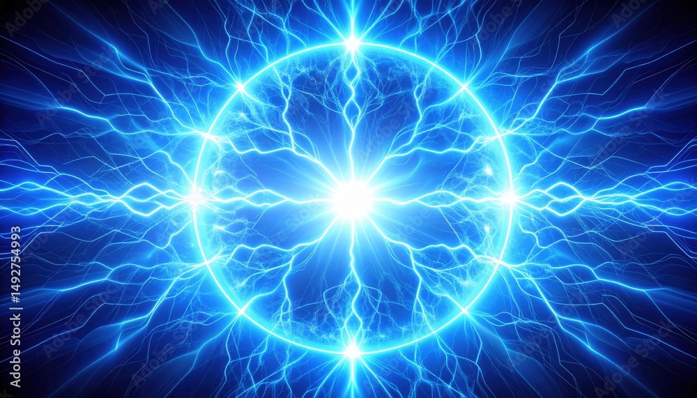 Naklejka premium Dynamic electric energy burst abstract visualization digital art blue background high-impact concept