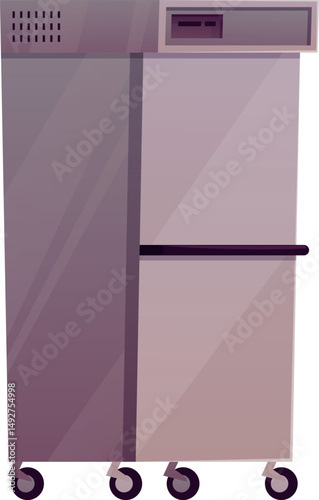 Stainless fridge on wheels, vector flat refrigerator metallic surface household or restaurant kitchen electric appliance