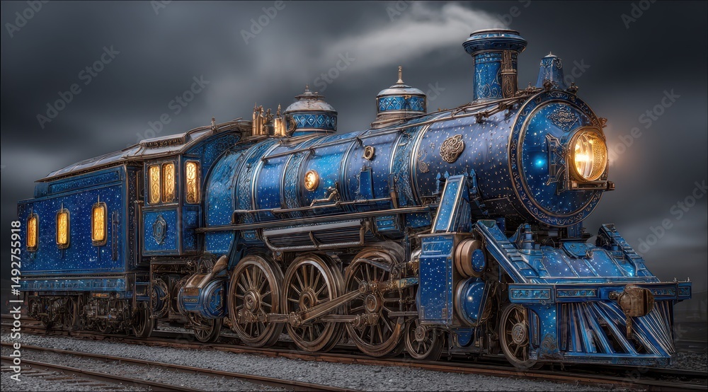 Naklejka premium A stunning fantasy train features elaborate designs and vibrant colors, moving along tracks in a whimsical landscape as dark clouds loom overhead, creating a magical atmosphere