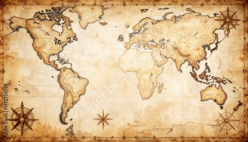 Antique World Map Vintage Style with Compass Roses and Aged Texture