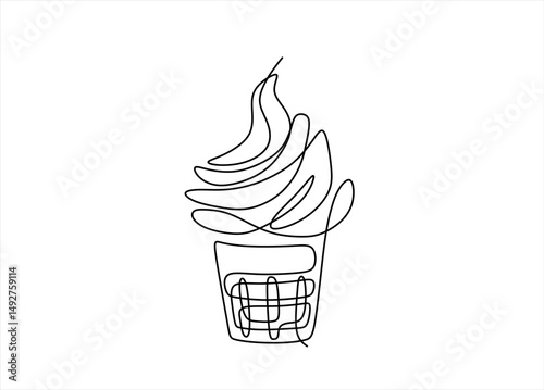 Ice cream in waffle cone in one continuous line drawing. Symbol dessert gelato for menu and business card design in simple linear style. Editable stroke. Doodle contour vector illustration	