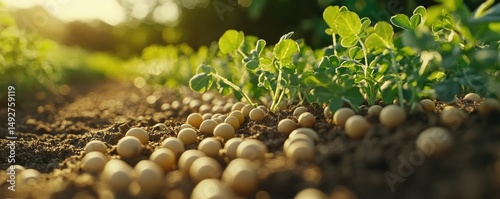 Close-up view of young green soybean plants emerging from rich soil. with scattered seeds in the foreground. showcasing agricultural growth and nurturing nature in a vibrant field