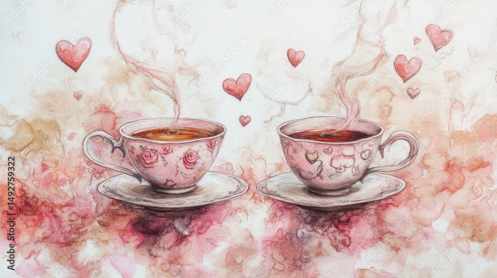 Fototapeta premium Watercolor painting of two steaming teacups adorned with rose patterns, surrounded by hearts and a romantic, misty background