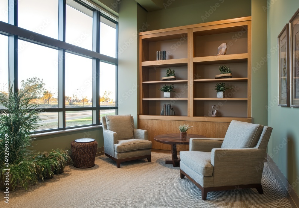 Fototapeta premium A serene reading nook featuring two comfortable chairs and a wooden coffee table. surrounded by lush greenery and a well-stocked bookshelf in a cozy. inviting space