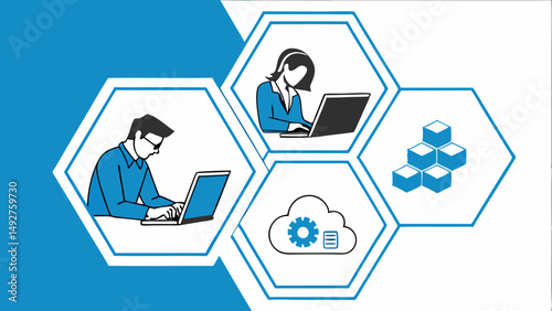 Vector banner featuring hexagons with business people working on laptops and cloud technology, conveying teamwork and innovation