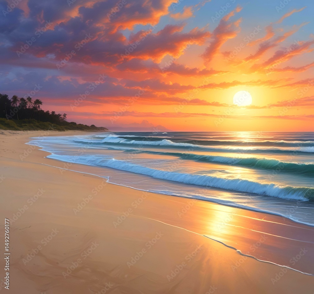 Obraz premium Illustration of sandy beach with amazing summer landscape.