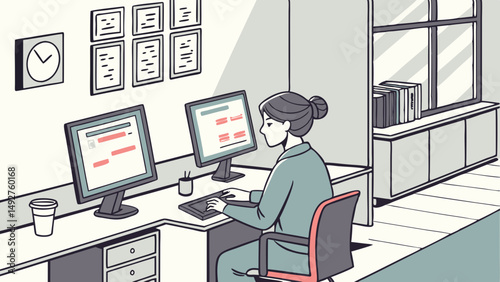 Vector SVG female software developer is focused on her work at desk with dual monitors, surrounded by modern office environment
