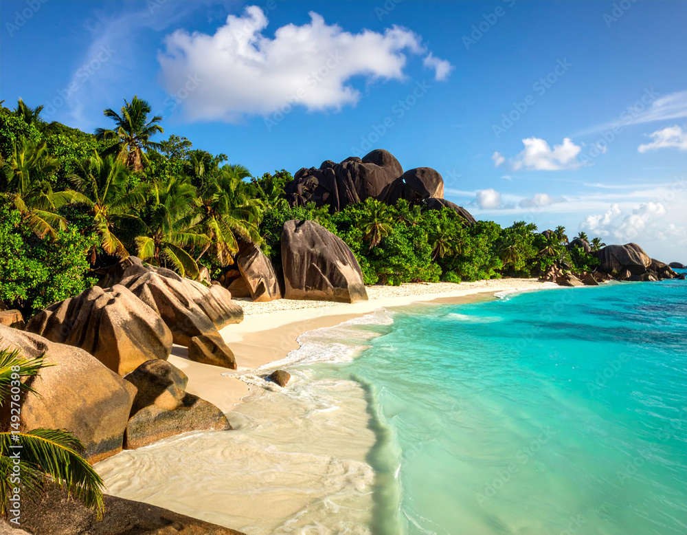 Naklejka premium An untouched Seychelles beach with large granite boulders and crystal-clear turquoise water